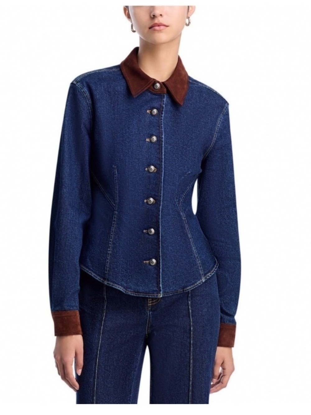 Cinq a sept Dark Blue Denim Jacket with Brown Collar and Cuffs